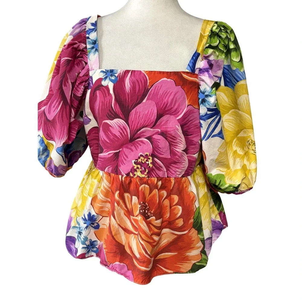 Farm Rio Blouse Womens Large Multicolor Floral Puff Sleeve Square Neck Boho